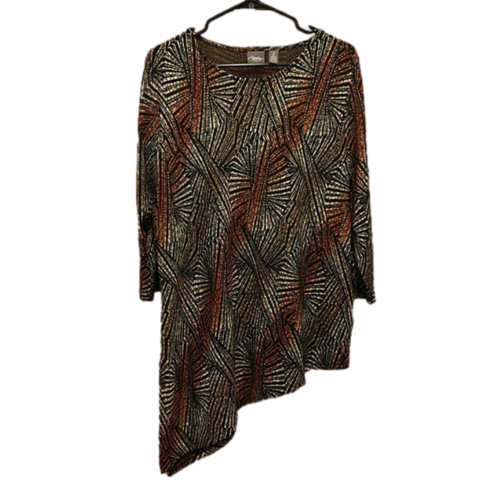 Chico’s Travelers Asymmetrical Hem 3/4 Sleeve Stretchy Patterned Tunic Size 2